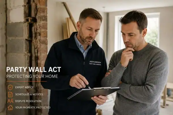 Party wall surveyor Chelmsford discussing extension plans with homeowner outside a UK semi-detached house.